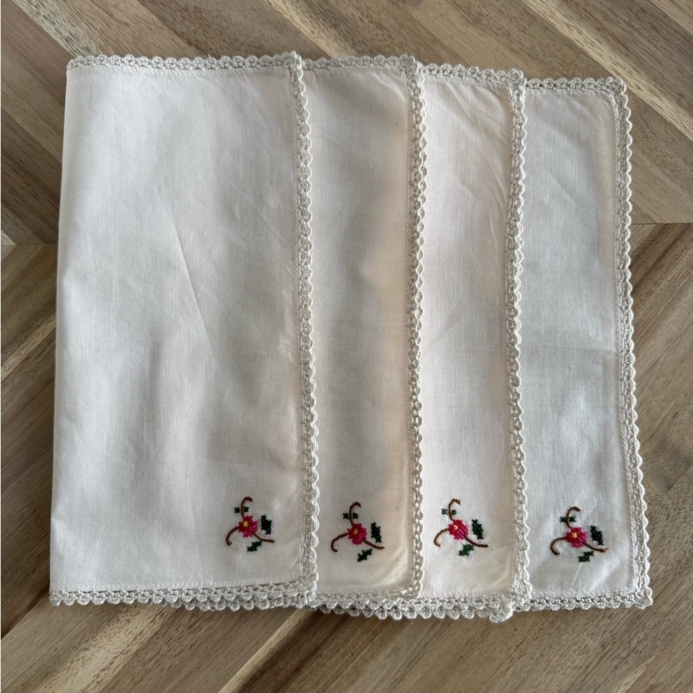 White linen hand embroidered delicate floral dinner napkins set of 4